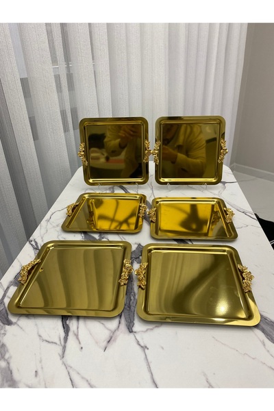 Aslı Hediyelik Lüx Kare 6 Lı kalın Kulplu Gold Kaplama  Model çay,kahve,ikram servis Sunum Tepsisi 21x21