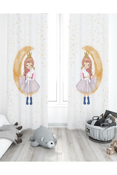 EVPANYA Perdele pentru cameră pentru copii cu model „Rabbit and Princess on the Moon” (preț cu o singură aripă)