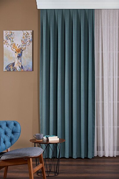 ELENOR Turkuaz / Kahve Kırçıllı Mat Dokulu Düz Fon Perde Mapa - Pilesiz - Büz...