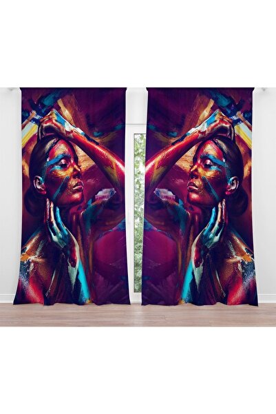 EVPANYA Soyut Renkli Kadın Desenli Fon Perde ( Tek Kanat Fiyatlandırma )