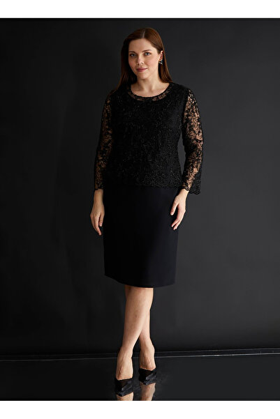 Selen Yuvarlak Yaka Simli Siyah Standart Kadın Elbise 24YSL7494-BB