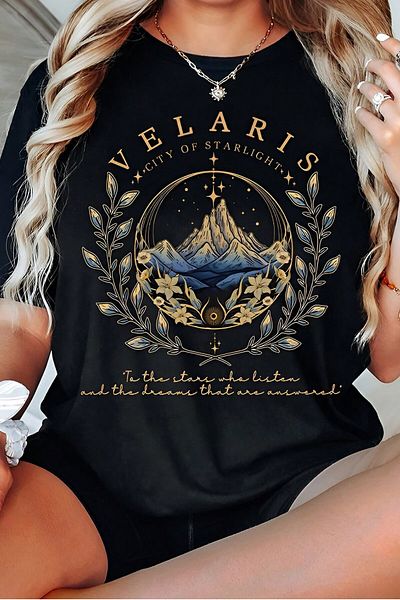 MODAGEN Velaris Printed Unisex Μαύρο μπλουζάκι Oversize - Crew Neck