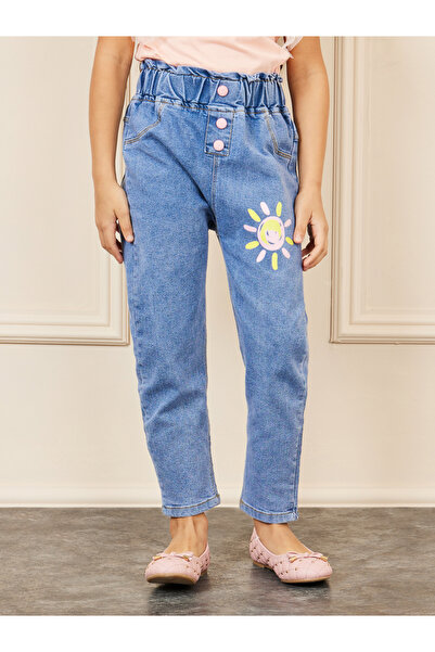 Styli Graphic Print Paperbag Waist Button Front Jeans