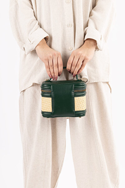 Getcho David Jones Lamora Women's Green Straw Detailed Handbag with Zipper Box Model Cross Strap