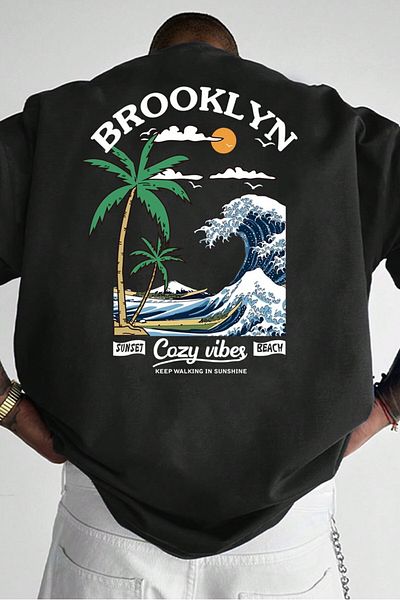 MODAGEN Νέο ανδρικό μπλουζάκι με στάμπα Brooklyn μαύρο Oversize - Crew Neck