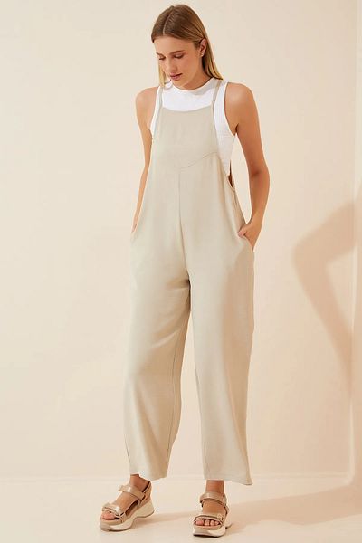 LE CARAMBOLE Cream Colored Women's Gardener Jumpsuit - Suitable Design with Pockets
