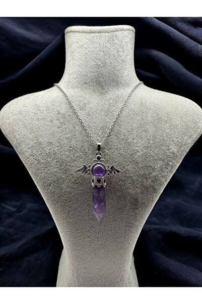 The Magıc of Healıng Ametist Doğal Taş Melek Kolye (ÇELİK ZİNCİR)
