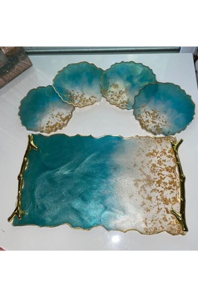 Sultan Tasarım Altın Varaklı Dalgalı Desenli Iki Kişilik Söz Nişan Damat Epoksi Sunum Tepsi Bardak Altlığı Seti