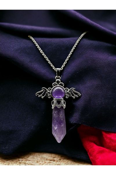 The Magıc of Healıng Amethyst Natural Stone Angel Pendant (Steel Chain)
