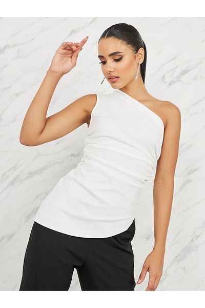 Styli Ruched Detail One Sleeve Fitted Blouse