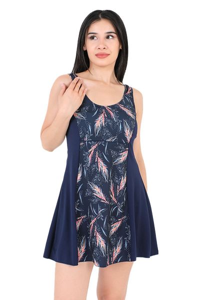 Argisa Partial Spike Patterned Dress Swimsuit with Shorts 6523 Navy Blue Plus Size