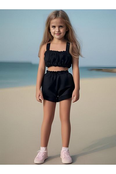 Moda Lina Pantaloni scurți de culoare uni și costum crop pentru fete