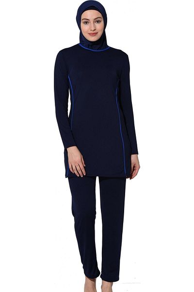 Argisa Long Sleeve Solid Color Piping Flexible Full Hijab Swimsuit 7550 Navy Blue Plus Size