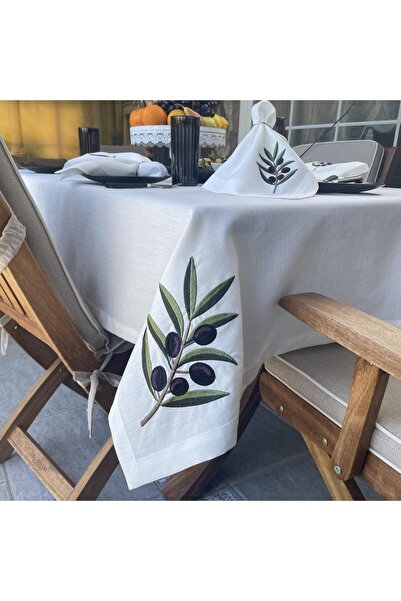 Zeytin Dalı Nakışlı Masa Örtüsü Ve Peçete