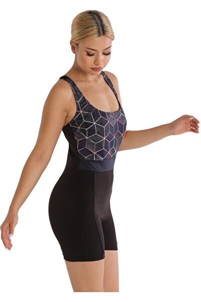 Argisa Modeled Swimsuit with Patterned Shorts 6526 Black Plus Size