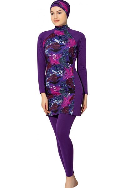 Argisa Long Sleeve Leaf Patterned Flexible Full Hijab Swimsuit 7560 Purple Plus Size