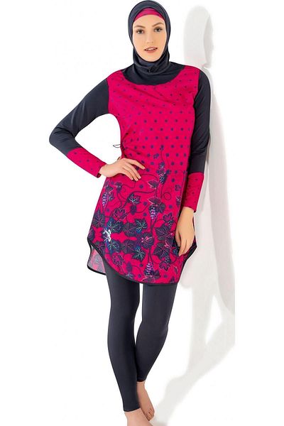 Argisa Long Micro Sleeve Floral Patterned Full Hijab Swimsuit 7125 Fuchsia