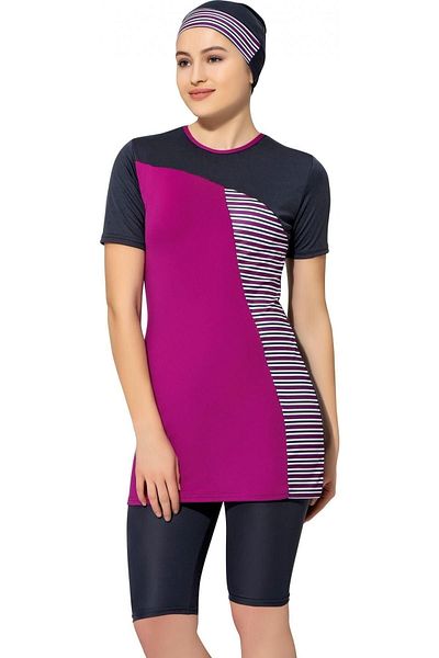 Argisa Half Sleeve Striped Semi Hijab Swimsuit 7826 Fuchsia Anthracite