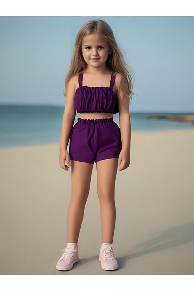 Moda Lina Girl's Crop Top and Shorts Set - Solid Color