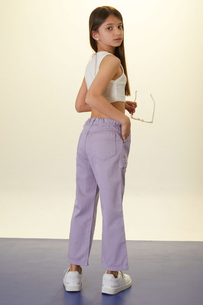 Cansın Mini Lilac Beautiful Written Wide Leg Girl's Linen Trousers 18442