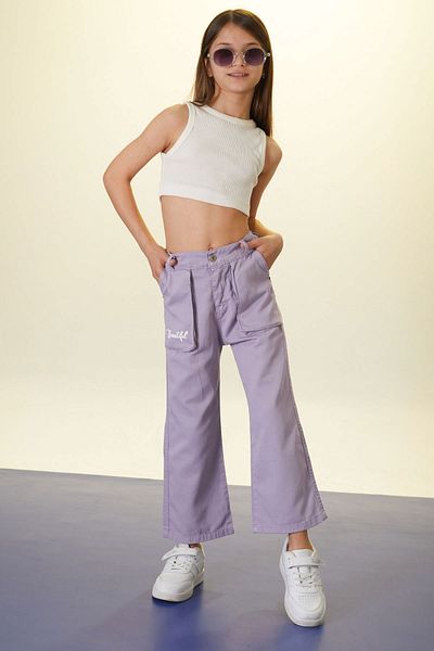 Cansın Mini Lilac Beautiful Written Wide Leg Girl's Linen Trousers 18442