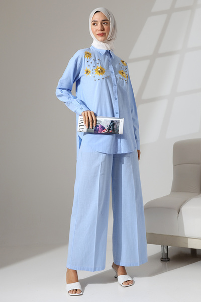 Mihran Butik 100% Cotton Linen - Comfortable Casual Set, Flower Pattern Embroidery and Stone Detailed Shirt and Trousers