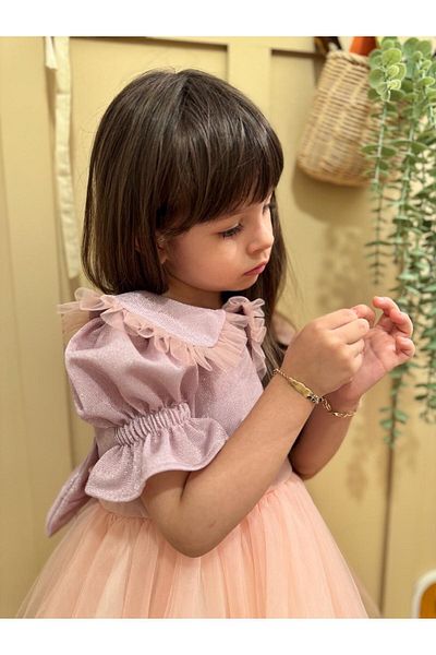 Pop Powder Color Glitter Tulle Baby Collar Balloon Sleeve Dress