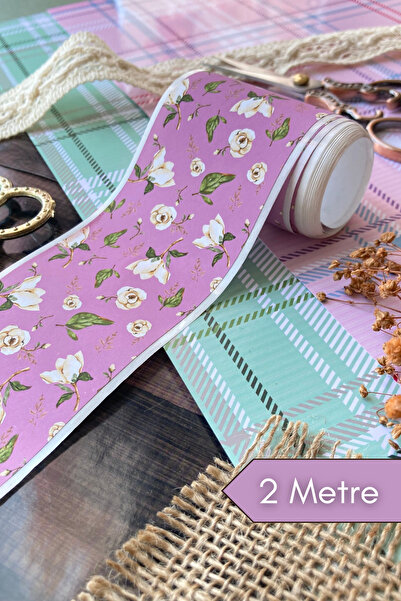 Hume Craft 2 Metre Lila ve Beyaz Gül Temalı Washi Bant / Washitape / Bullet J...