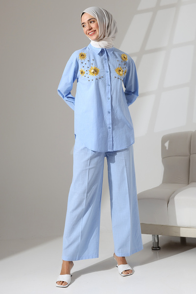 Mihran Butik 100% Cotton Linen - Comfortable Casual Set, Flower Pattern Embroidery and Stone Detailed Shirt and Trousers