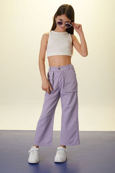 Cansın Mini Lilac Beautiful Written Wide Leg Girl's Linen Trousers 18442