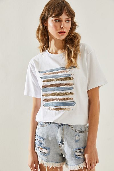 Bianco Lucci Vyšívané dámské tričko Crew Neck -60251199