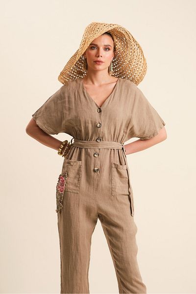 VERDA Linen Jumpsuit - Embroidered Detailed and Belted Belt