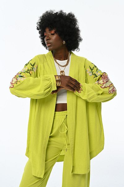 Orfeo Negro WOMEN'S OVERSIZE MOLD SLEEVE AND BACK FLOWER EMBROIDERED LINEN MIXED KIMONO JACKET