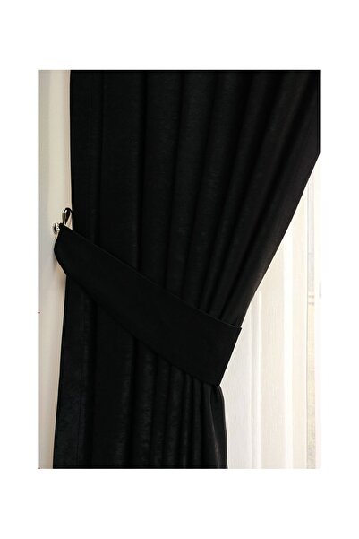 Evdepo Home Crown Black Solid Color Soft Background Curtain, Pleatless Flat Planting, Extrafor Drawstring, Single Wing