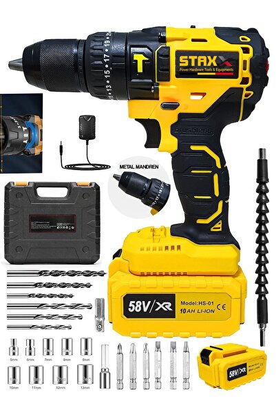 STAXX POWER Alman 5800VL 10Ah 13 Mm Çelik Mandren 25+3 Darbeli Çift Akülü Vidalama Çelik Şanzuman Şarjlı Matkap