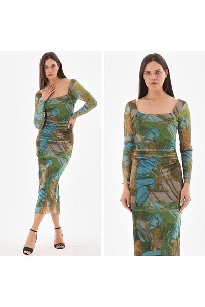 CİXAPLE Lycra Square Collar Tulle Lined Dress