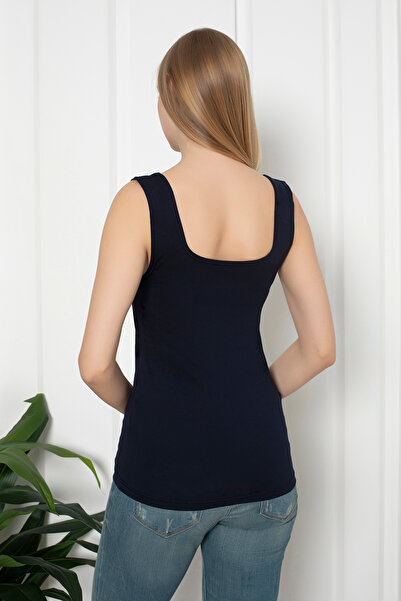 MyBen Lacivert Renkli Penye Kumaş Geniş Askılı Basic T-Shirt / Bluz