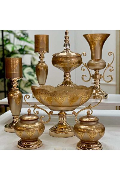 LOKMAN ZÜCCACİYE 7 PARÇA KREM- GOLD DETAYLI LÜX CAM SALON & KONSOL AKSESUAR T...