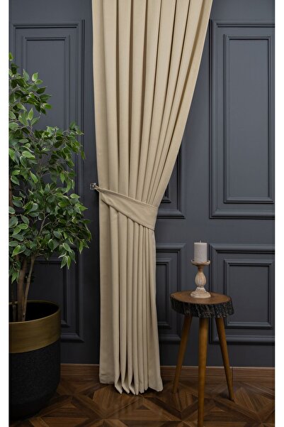 Evdepo Home Light Beige Solid Color Pleated Background Curtain, 1/2,5 Regular (MEDIUM) Pleat, Single Wing