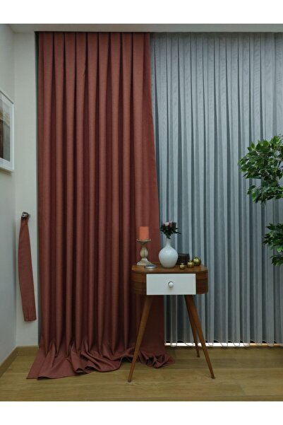 Evdepo Home Kiremit Düz Renk Keten Fon Perde, 1/2 Seyrek Pile, Tek Kanat