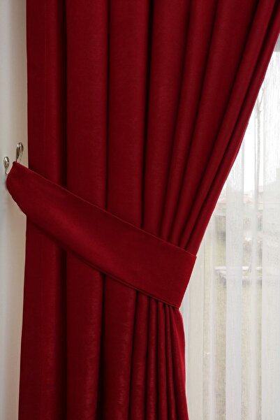Evdepo Home Crown Red Solid Color Soft Background Curtain, Pleatless Flat Planting, Extrafor Drawstring, Single Wing
