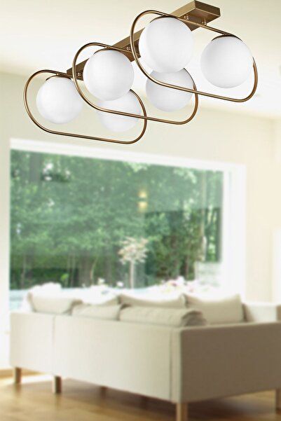 Begüsa Sühan 6.lı Sıralı Eskitme Beyaz Glop Camlı Avize