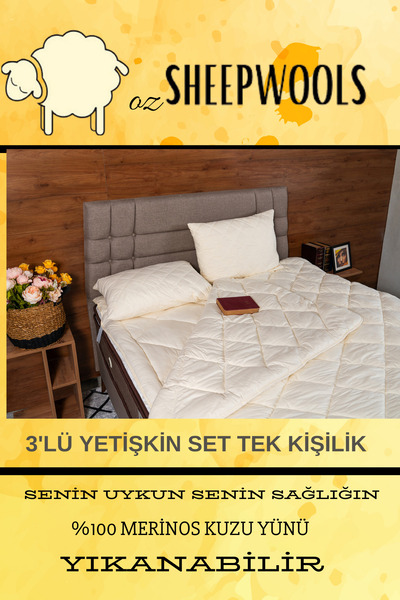 ozsheepwools TEK KİŞİLİK YÜN YORGAN&YASTIK&YATAK PEDİ  3 PARÇA SET,%100 MERİN...