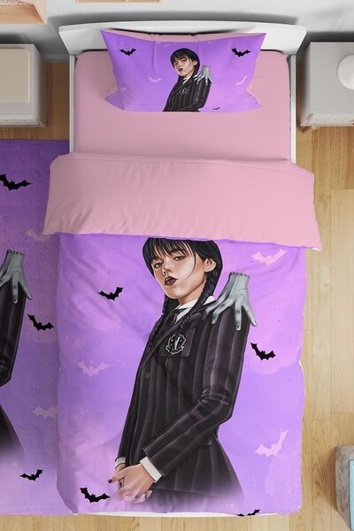 EVPANYA Mor Wednesday Addams Desenli Tek Kişilik Bebek Çocuk Nevresim Takımı