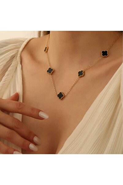 YUBBOX Çelik Siyah Mineli Van Cleef Yonca Kolye Kararmaz Antialerjik 316L A K...