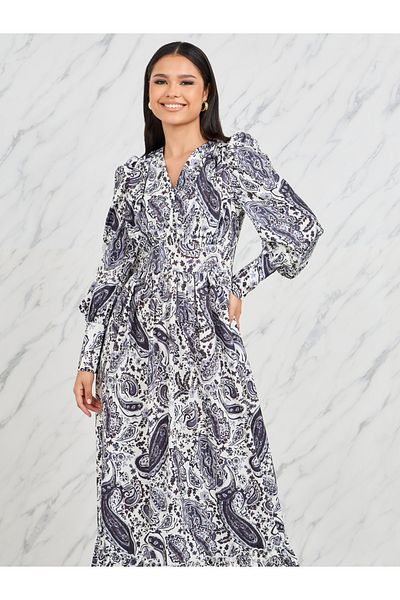Styli Bohemian Cuffed Sleeve A-Line Maxi Dress