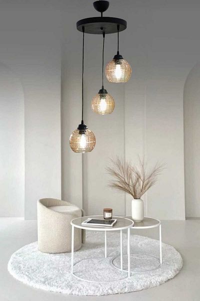 BSA LIGHTING TUTKU 3-Piece Black Pendant Lamp Classic Chandelier - Honey Mica Glass