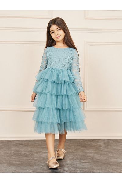 Styli Lace Detail Mesh Insert Ruffle Layer Tiered Dress