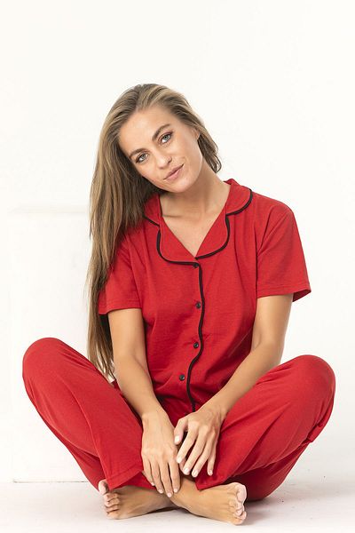 Sude HOMEWEAR Red Color Piping Cotton Short Sleeve Pajama Set