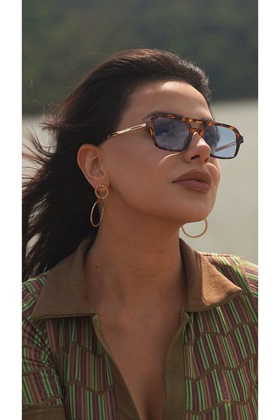 TomyHelf Women's Sunglasses Rectangle Leopard Frame Blue Glass